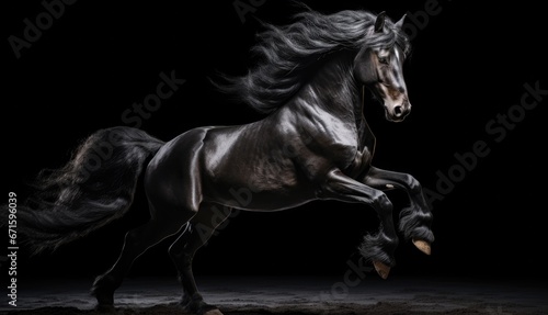Beautiful black stallion with long mane running on dark background © TheoTheWizard