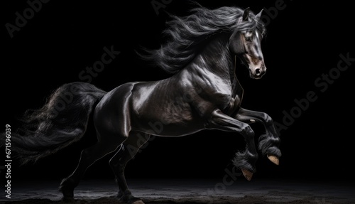 Beautiful black stallion with long mane running on dark background