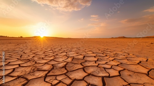 Sunset over cracked soil in the desert. Global warming concept 