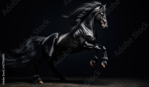 Beautiful black stallion with flying mane on black studio background © TheoTheWizard