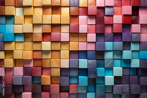 Abstract geometric rainbow colors colored 3d wooden square cubes texture wall background banner illustration panorama long, textured wood wallpaper 