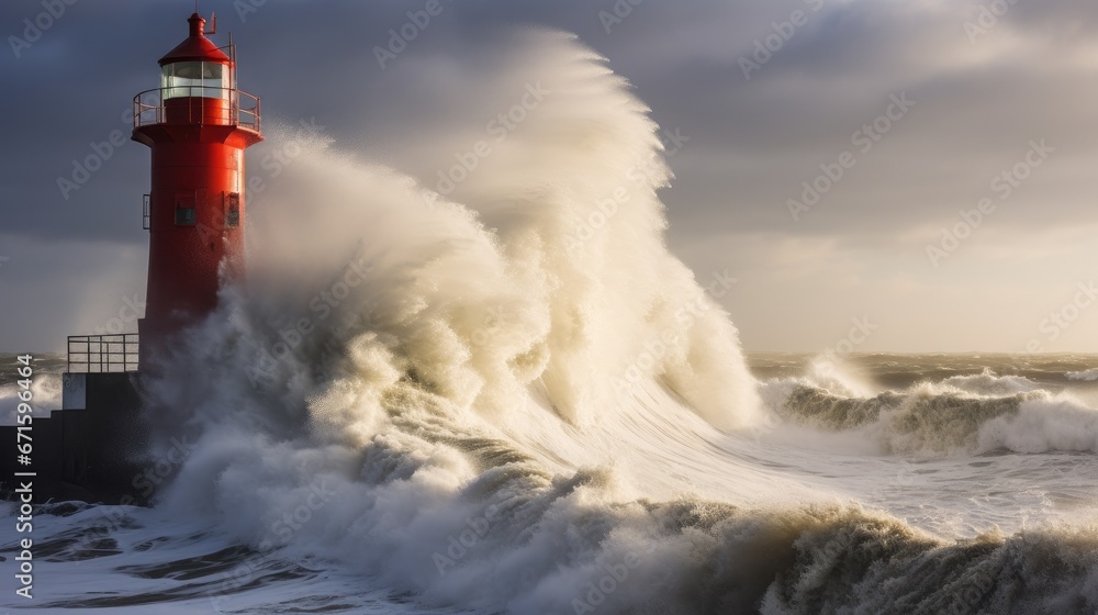 The Netherlands, IJmuiden, Storm. Waves smash against beacon

