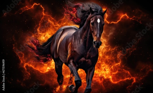 Horse in the fire with lightning on a black background. 