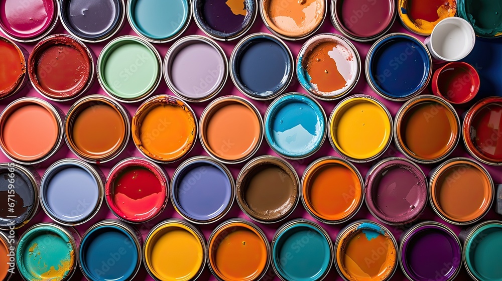 Top view of open cans with bright multicolored paints arranged on colorful geometric background representing concept of home repair and renovation supplies
Top view of open cans with bright multicolored paints arranged on colorful geometric background representing concept of home repair and renovation supplies