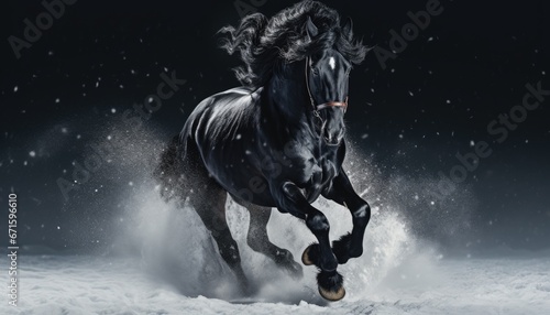 Black stallion gallops in the snow on a black background. photo