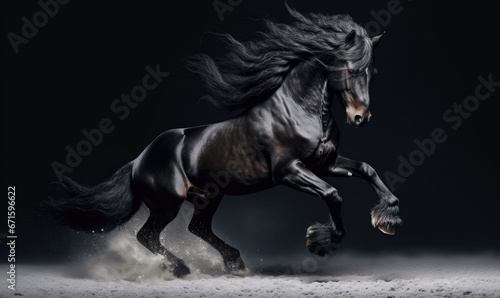 Black stallion gallops in the snow on a black background.