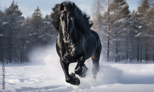Black horse running on snow in winter landscape with forest in background.