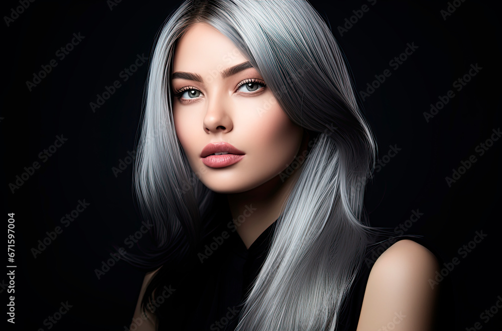 Fototapeta premium Portrait of a girl with silver hair on a dark background