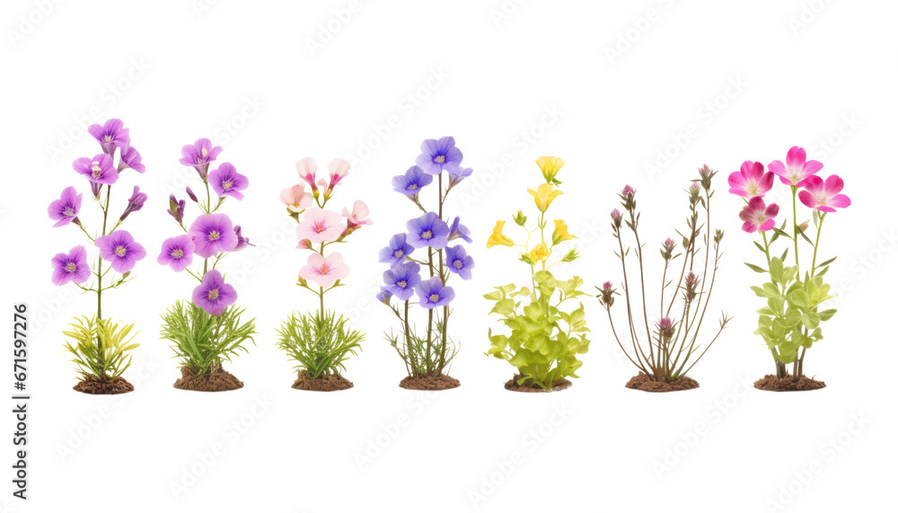 colorful flowers in soil isolated on transparent background cutout