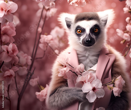Fototapeta Naklejka Na Ścianę i Meble -  Creative animal concept. Lemur in smart suit, surrounded in a surreal garden full of blossom flowers floral landscape. advertisement commercial editorial banner card	
