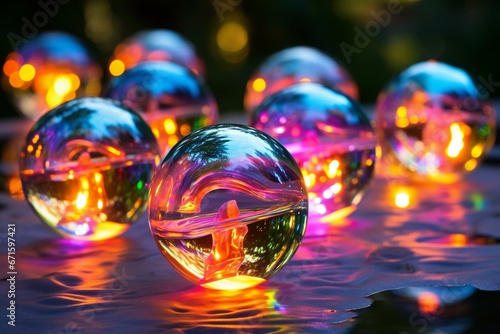Colorful, glowing orbs reflecting brilliant hues, transparent yet iridescent. Generative AI