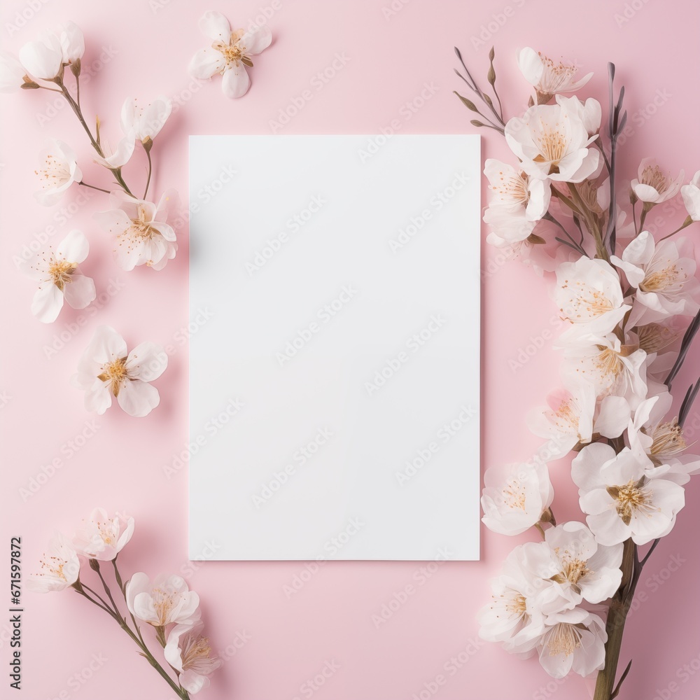 mockup white blank card with cherry flowers on pink background