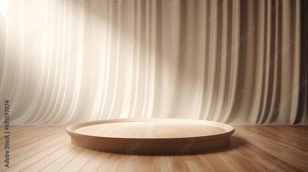 empty modern round wooden podium, background with soft white curtain drapes in sunlight - obrazy, fototapety, plakaty 