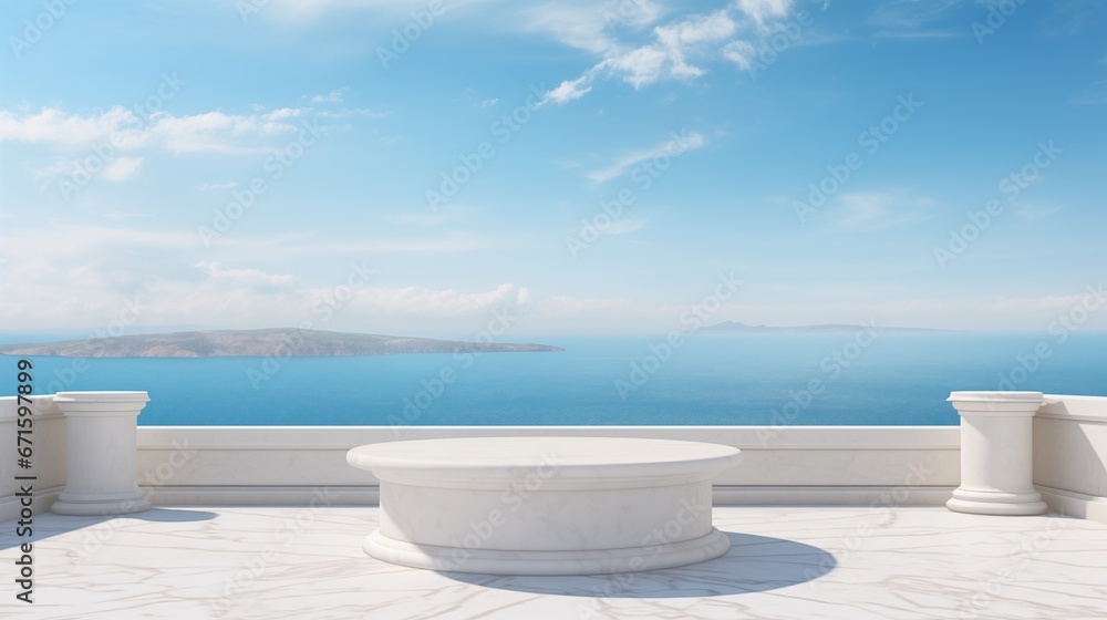 white marble podium with sea view on background, perfect for product presentations