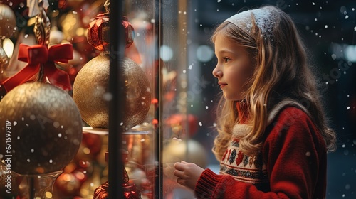 close up portrait of a girl looking to the Christmas shop window, Generative Ai