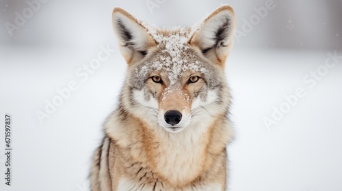 coyote with snow on face in the winter
