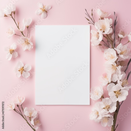 mockup white blank card with cherry flowers on pink background © id512