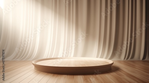 empty modern round wooden podium, background with soft white curtain drapes in sunlight photo