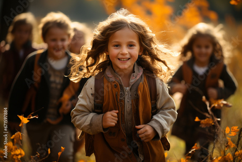Happy children running in autumn, autumn holidays, beautiful autumn