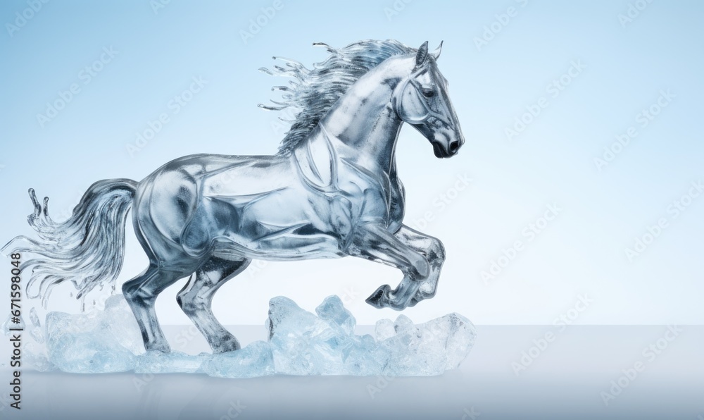 Obraz premium Ice sculpture of horse in dynamic pose. Beautiful horse ice figure. Horse with splashes of water on a blue background