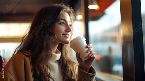 Young woman drinking coffee from large disposable cup at take away counter of cafe
