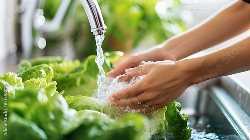 Young woman washing lettuce at kitchen sink, close-up of hands
