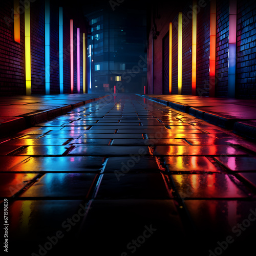 Rays of neon light on the neon brick wall. dark night city. empty scene Neon reflection on wet asphalt background