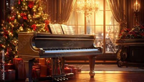 Christmas theme backdrop , piano in living room with Christmas tree, Generative Ai photo