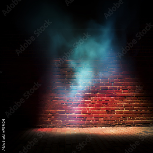 A spotlight shines on the smoke and brick wall, abstract background