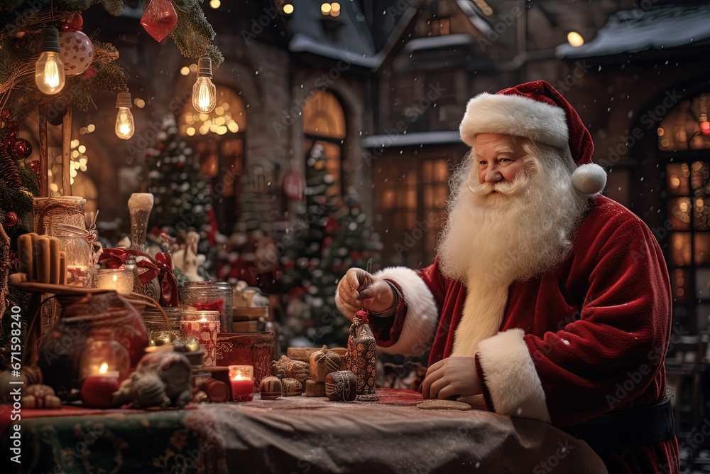 Santa Clause prepare gift boxes for Christmas time with Christmas tree and candle lights background, Generative Ai