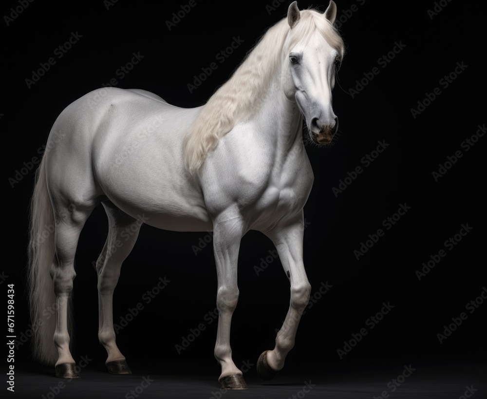 White horse with long mane in motion on black background