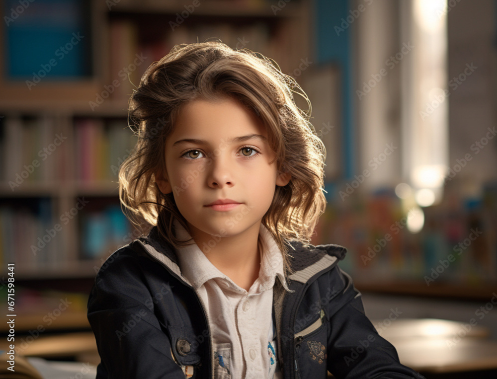 portrait of an 8-year-old child in a classroom hyper-realistic photography portrait of an 8-year-old child in a classroom hyper-realistic photography