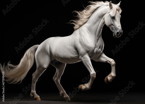 White horse with long mane in motion isolated on black studio background