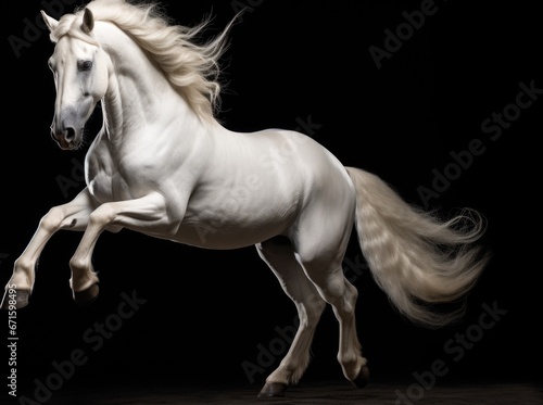 Beautiful white horse in motion on black background