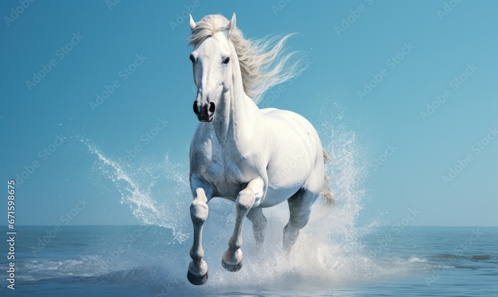 Obraz premium White horse galloping in the ocean on a sunny day.