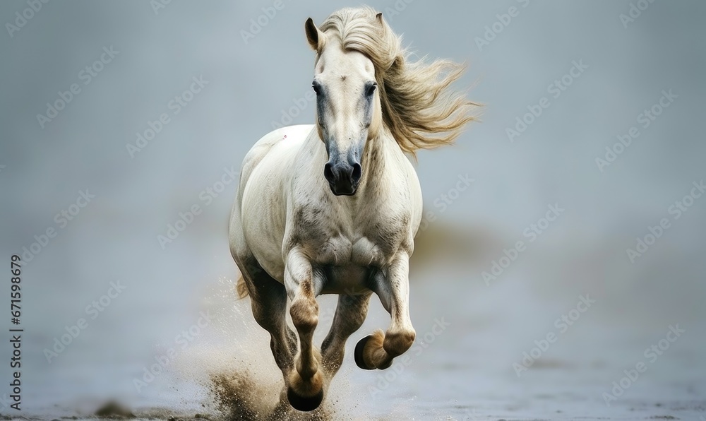 White horse galloping in water, motion blur, close-up White horse galloping in water, motion blur, close-up