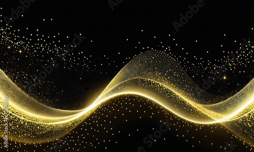 Digital gold particles wave and light abstract background 
