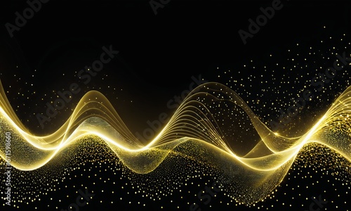 Digital gold particles wave and light abstract background 