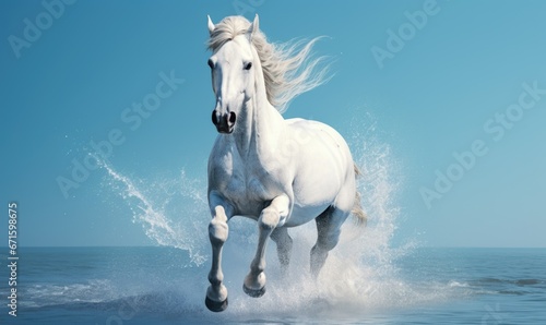 White horse galloping in the ocean on a sunny day. 