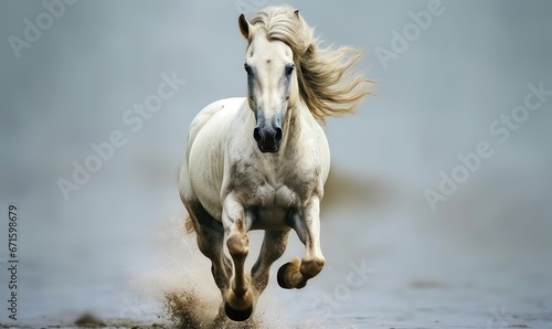 White horse galloping in water, motion blur, close-up