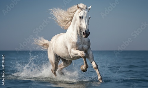 White horse running on the beach and splashing water in the sea