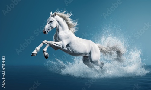 White horse running in the water on a blue background.