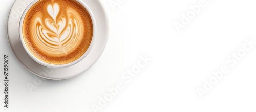 Isolated coffee latte art viewed from above on white background