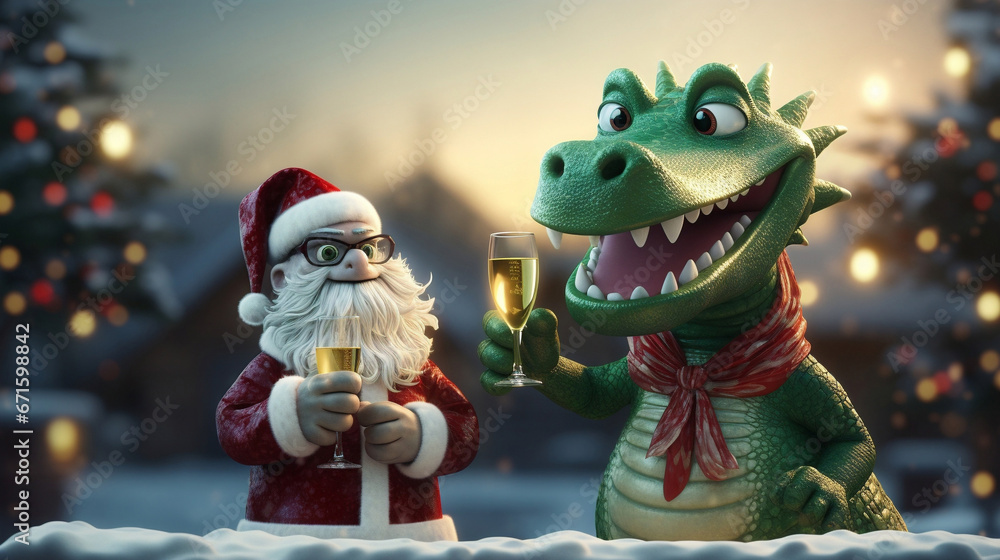 Santa Claus riding a flying dragon and holding a Christmas present. 3d rendering. Generative AI