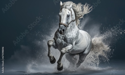 White horse with long mane running in dust, 