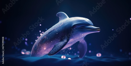Dolphin floating in the ocean. Dolphin in magic light. Glowing particles around the dolphin.