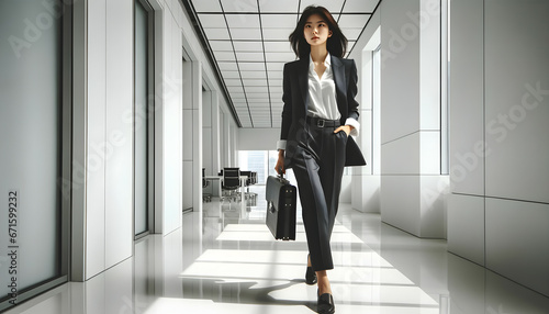 Businesswoman walking confidently in a modern office. wearing a business suit, carrying a briefcase.