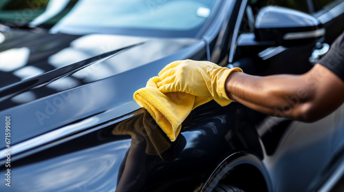 Hand of a man detailing a car, cleaning a car with a microfiber cloth, automobile wash and valeting concept, modern vehicle hd photo