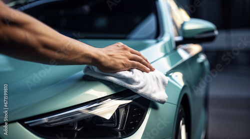 Hand of a man detailing a car, cleaning a car with a microfiber cloth, automobile wash and valeting concept, modern vehicle hd