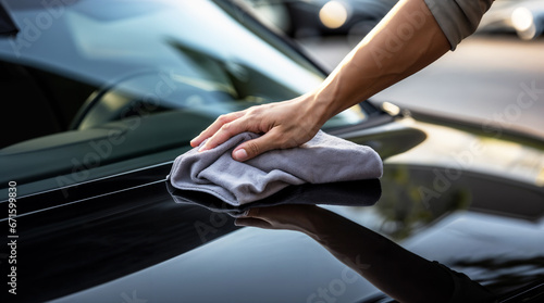 Hand of a man detailing a car, cleaning a car with a microfiber cloth, automobile wash and valeting concept, modern vehicle hd © OpticalDesign